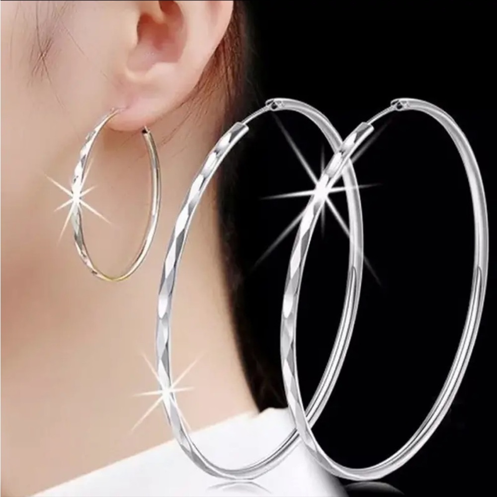 925 Silver Plated Textured Hoop Earrings